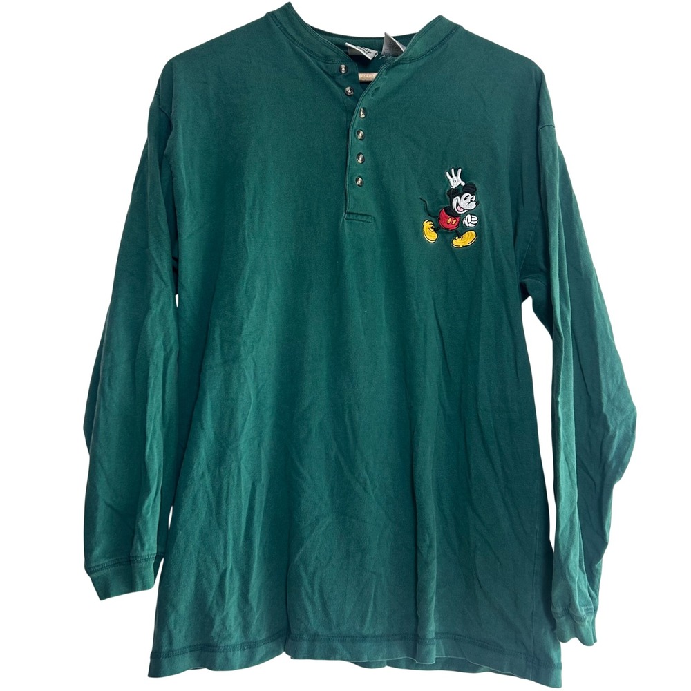 Vtg 90s Disney Store Mickey Mouse Henley Green‎ Long Sleeve Shirt Large